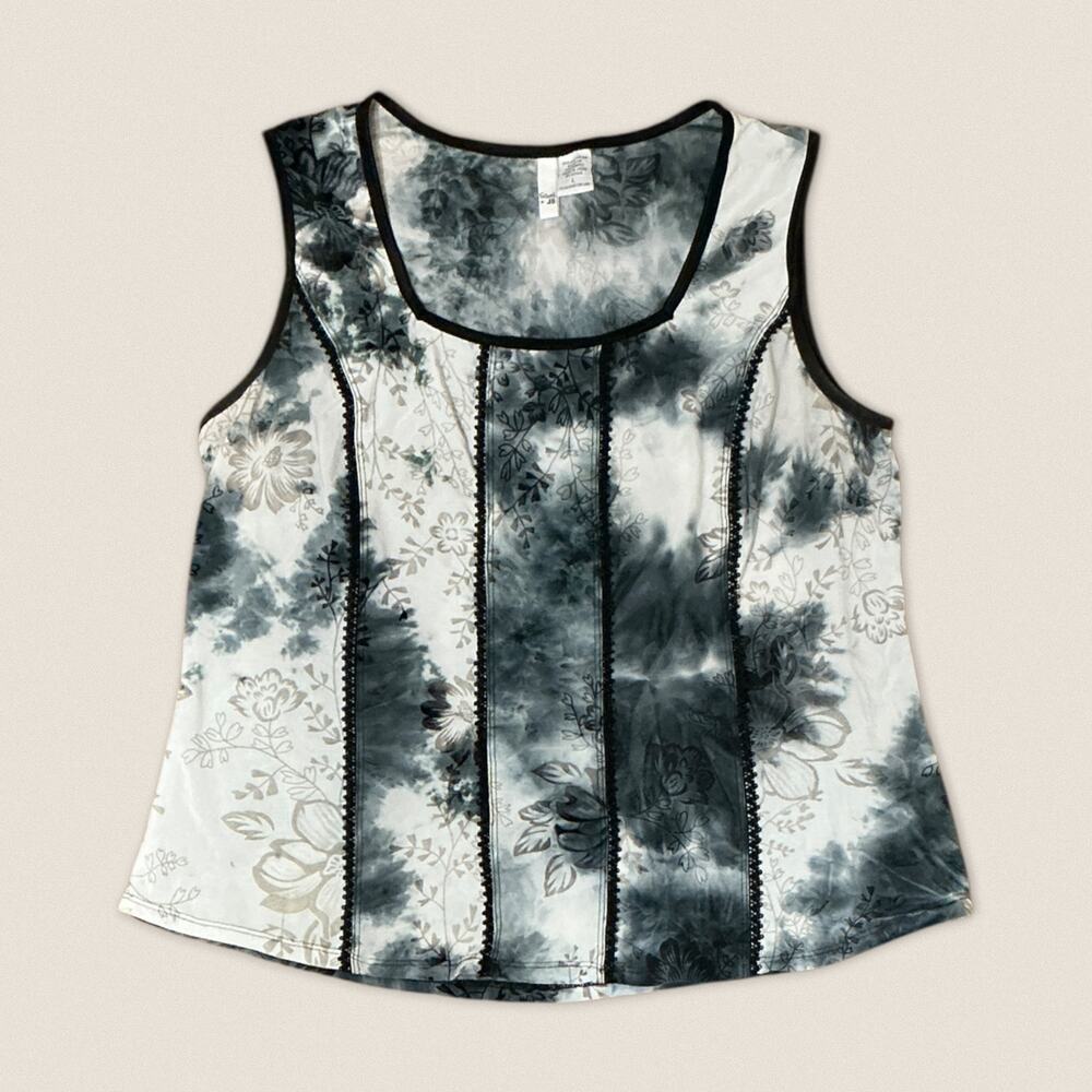 Vintage 90s Sami Jo Corset Style Black White Floral Tie Dye Lace Tank‎ Top Large